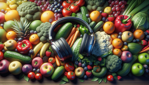 Headphones and fruits and vegetables